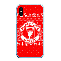 Чехол iPhone XS Max матовый FC Manchester United: Новогодний узор, цвет: 3D-голубой