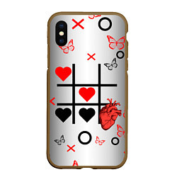 Чехол iPhone XS Max матовый Крестики нолики сердцами, цвет: 3D-коричневый