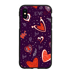 Чехол iPhone XS Max матовый Красно-белые сердечки и слово love на темно фиолет, цвет: 3D-черный