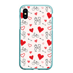 Чехол iPhone XS Max матовый Романтические сердечки, цвет: 3D-мятный