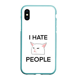 Чехол iPhone XS Max матовый I hate people, дизайн с белым мемным котом, цвет: 3D-мятный