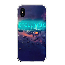 Чехол iPhone XS Max матовый Stellaris космический корабль на фоне астероидов, цвет: 3D-белый