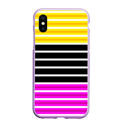 Чехол iPhone XS Max матовый Желтые розовые и черные полосы на белом, цвет: 3D-сиреневый