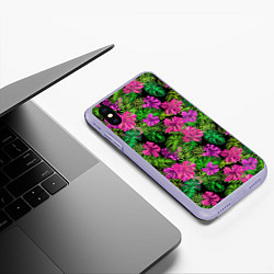 Чехол iPhone XS Max матовый Тропические листья и цветы на черном фоне, цвет: 3D-светло-сиреневый — фото 2