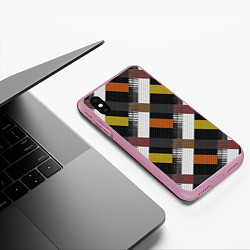 Чехол iPhone XS Max матовый Коричнево-горчичный с серым полосатый пэчворк, цвет: 3D-розовый — фото 2