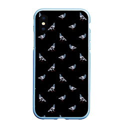 Чехол iPhone XS Max матовый Голуби на черном паттерн, цвет: 3D-голубой