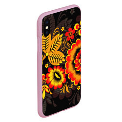 Чехол iPhone XS Max матовый Хохломская Роспись Цветы На Тёмном Фоне, цвет: 3D-розовый — фото 2