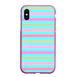 Чехол iPhone XS Max матовый Pink turquoise stripes horizontal Полосатый узор, цвет: 3D-фиолетовый