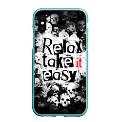 Чехол iPhone XS Max матовый Relax Take it easy надпись с черепами, цвет: 3D-мятный