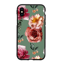 Чехол iPhone XS Max матовый Цветы Нарисованные Розы и Пионы, цвет: 3D-черный