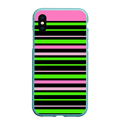 Чехол iPhone XS Max матовый Полосаты узор в зелено-розовых оттенках на черном, цвет: 3D-мятный