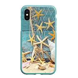 Чехол iPhone XS Max матовый Натюрморт из сети, морских звёзд и ракушек - лето, цвет: 3D-мятный