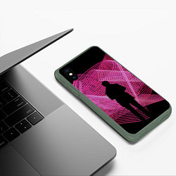 Чехол iPhone XS Max матовый Неоновые розовые волны и силуэт человека, цвет: 3D-темно-зеленый — фото 2
