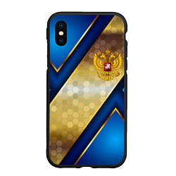 Чехол iPhone XS Max матовый Золотой герб России на синем объемном фоне