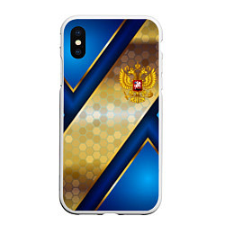 Чехол iPhone XS Max матовый Золотой герб России на синем объемном фоне, цвет: 3D-белый