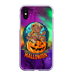Чехол iPhone XS Max матовый Хэллоуин - мишка на тыкве, цвет: 3D-светло-сиреневый