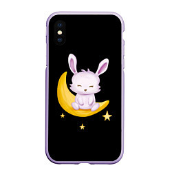 Чехол iPhone XS Max матовый Крольчонок сидит на месяце на чёрном фоне, цвет: 3D-светло-сиреневый