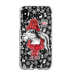 Чехол iPhone XS Max матовый Happy New Year! Rabbit in red hat, цвет: 3D-белый