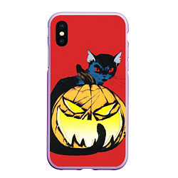 Чехол iPhone XS Max матовый Halloween - тыква и кот, цвет: 3D-сиреневый