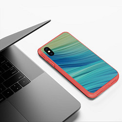Чехол iPhone XS Max матовый Абстрактные синезелёные волны, цвет: 3D-красный — фото 2