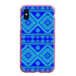 Чехол iPhone XS Max матовый Сине-голубые узоры - вышивка, цвет: 3D-малиновый