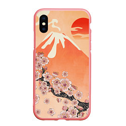 Чехол iPhone XS Max матовый Ветка цветущей сакуры и вулкан