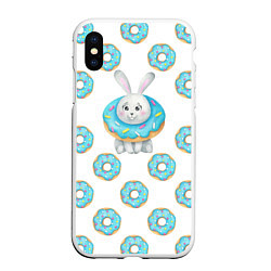 Чехол iPhone XS Max матовый Паттерн с зайцем и голубыми пончиками, цвет: 3D-белый