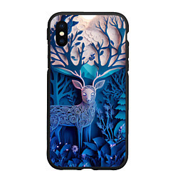 Чехол iPhone XS Max матовый Объемная иллюстрация из бумаги лес и олень на сине, цвет: 3D-черный