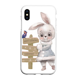 Чехол iPhone XS Max матовый Рождественский Кролик с Птичкой, цвет: 3D-белый