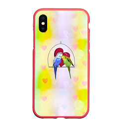 Чехол iPhone XS Max матовый Влюбленная пара волнистых попугайчиков, цвет: 3D-красный