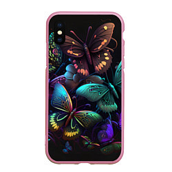 Чехол iPhone XS Max матовый Разные неоновые бабочки, цвет: 3D-розовый
