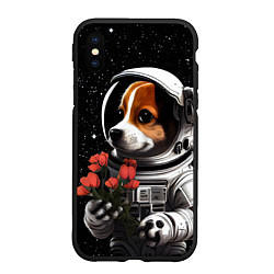 Чехол iPhone XS Max матовый Щенок космонавт с тюльпанами