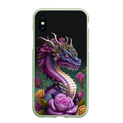Чехол iPhone XS Max матовый Неоновый дракон с цветами, цвет: 3D-салатовый