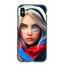 Чехол iPhone XS Max матовый Девушка с голубыми глазами в флаге, цвет: 3D-темно-зеленый