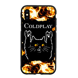 Чехол iPhone XS Max матовый Coldplay рок кот и огонь, цвет: 3D-черный