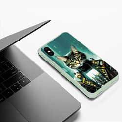 Чехол iPhone XS Max матовый Funny cat on the background of skyscrapers, цвет: 3D-салатовый — фото 2