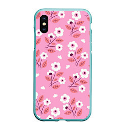 Чехол iPhone XS Max матовый Flowers on pink, цвет: 3D-мятный