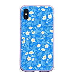 Чехол iPhone XS Max матовый Белые птицы голуби и цветы яблони на синем фоне не, цвет: 3D-светло-сиреневый