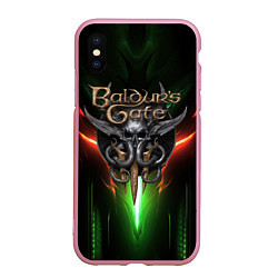 Чехол iPhone XS Max матовый Baldurs Gate 3 logo green red light, цвет: 3D-розовый