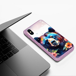 Чехол iPhone XS Max матовый Портрет медведя гризли с цветами акварелью, цвет: 3D-сиреневый — фото 2