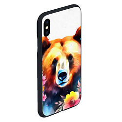 Чехол iPhone XS Max матовый Морда медведя гризли с цветами акварелью, цвет: 3D-черный — фото 2