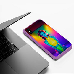 Чехол iPhone XS Max матовый Девушка в жёлтом топе медитирует в неоновой комнат, цвет: 3D-фиолетовый — фото 2