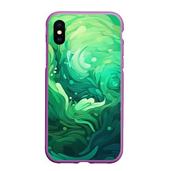 Чехол iPhone XS Max матовый Зеленые абстрактные волны, цвет: 3D-фиолетовый