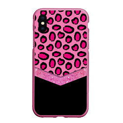 Чехол iPhone XS Max матовый Розовый леопард и блестки принт, цвет: 3D-малиновый