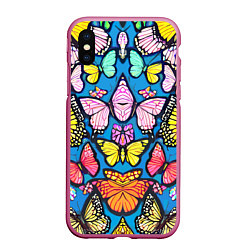 Чехол iPhone XS Max матовый Зеркальный паттерн из бабочек - мода, цвет: 3D-малиновый