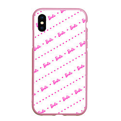 Чехол iPhone XS Max матовый Барби паттерн - логотип и сердечки, цвет: 3D-розовый