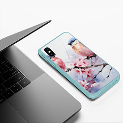 Чехол iPhone XS Max матовый Птицы в ветвях сакуры акварель, цвет: 3D-мятный — фото 2
