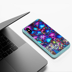 Чехол iPhone XS Max матовый Абстракция синие листья и фиолетовый цветы, цвет: 3D-мятный — фото 2