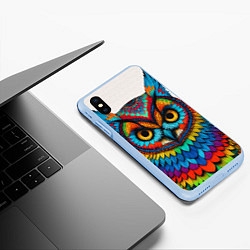 Чехол iPhone XS Max матовый Сова желтоглазая с разноцветными перьями, цвет: 3D-голубой — фото 2