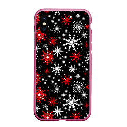 Чехол iPhone XS Max матовый Белые и красные снежинки на черном фоне - нейросет, цвет: 3D-малиновый